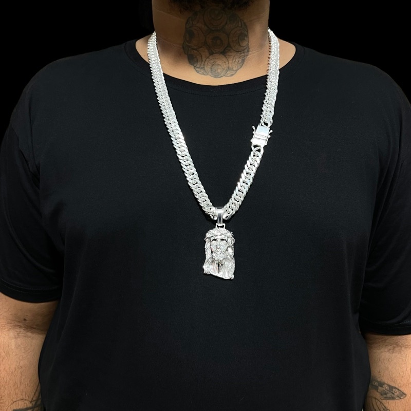 Corrente Grossa Grumet Elo Duplo Tipo Escama 13mm com Pingente de Jesus 3D Banhada a Prata