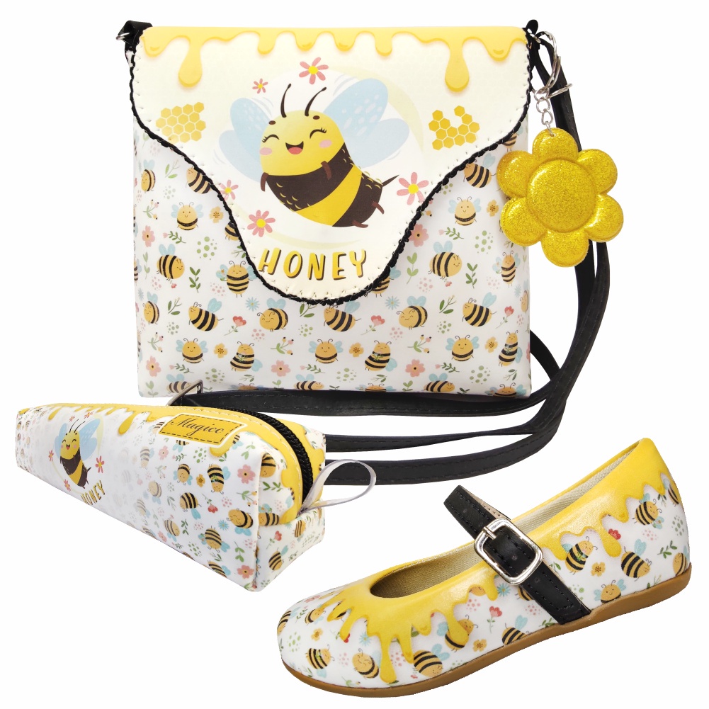 Kit Infantil Feminino Sapatilha Infantil Bolsa Infantil e Estojo Infantil Menina Abelhinha, Magicc Kids 1257
