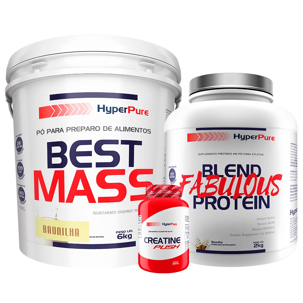 Kit Hipercalórico Best Mass 6Kg + Whey Protein Fabulous Protein 2Kg + Creatina Push 300g - Hyperpure Kit para ganho de massa magra e melhor desempenho no treino