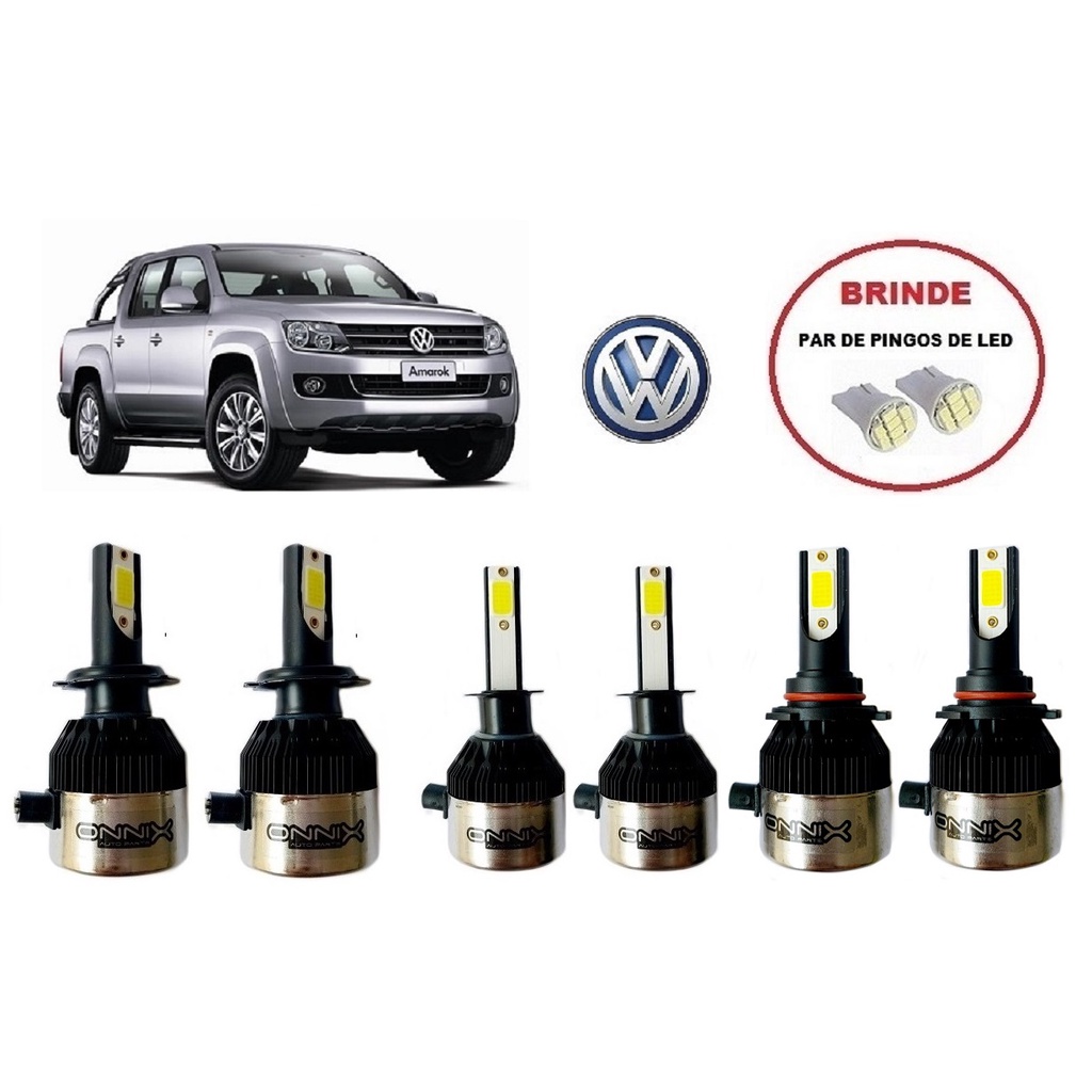 Kit 6 Lampadas Super Led para Farol Alto / Baixo e Milha Modelo H1 / H7 e HB4 com 6000k e 8000 lumens para Volkswagen Amarok ano 2011 2012 2013 2014