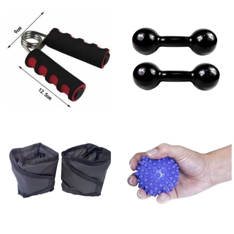 kit Fisioterapia Para Fortalecimento Halter de Meio Kg + Caneleira 1 Kg + Bolinha Para Fisioterapia + Hand Grip