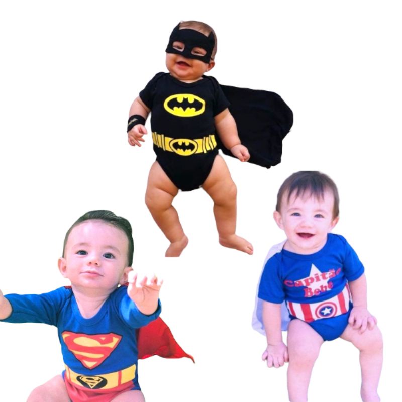 kit com 3 bodys com capa Super Man + Batman + Capitão América mêsversário super herói super homem america fantasia bebê