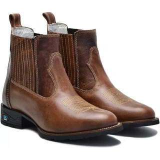 Botina Masculina Bota Country Texana Bico Redondo Couro Bovino Cano Curto Estilo Sertanejo Cowboy