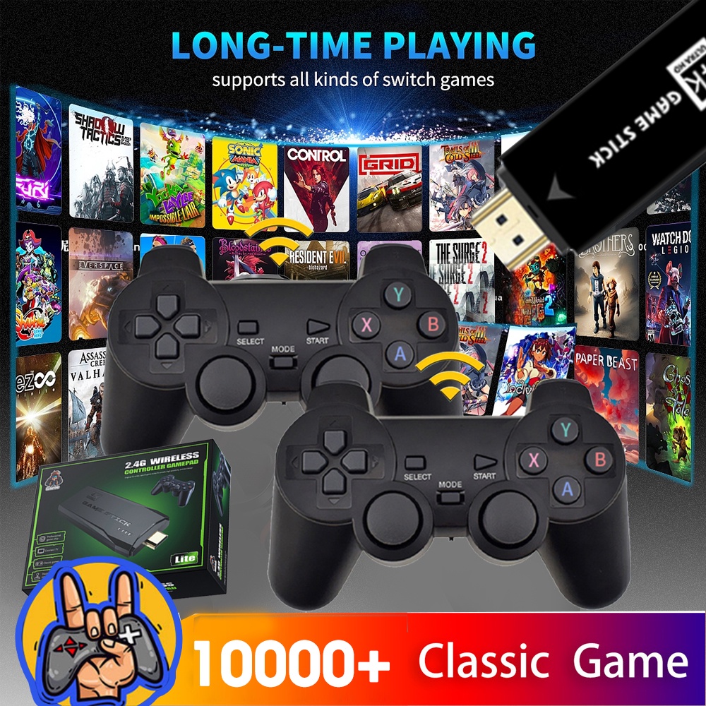 Game Stick 4K 2.4G sem fio 10000 jogos 64GB 10000 Classic Retro Wireless Video Game TV 4K, para PS1/GBA/MD