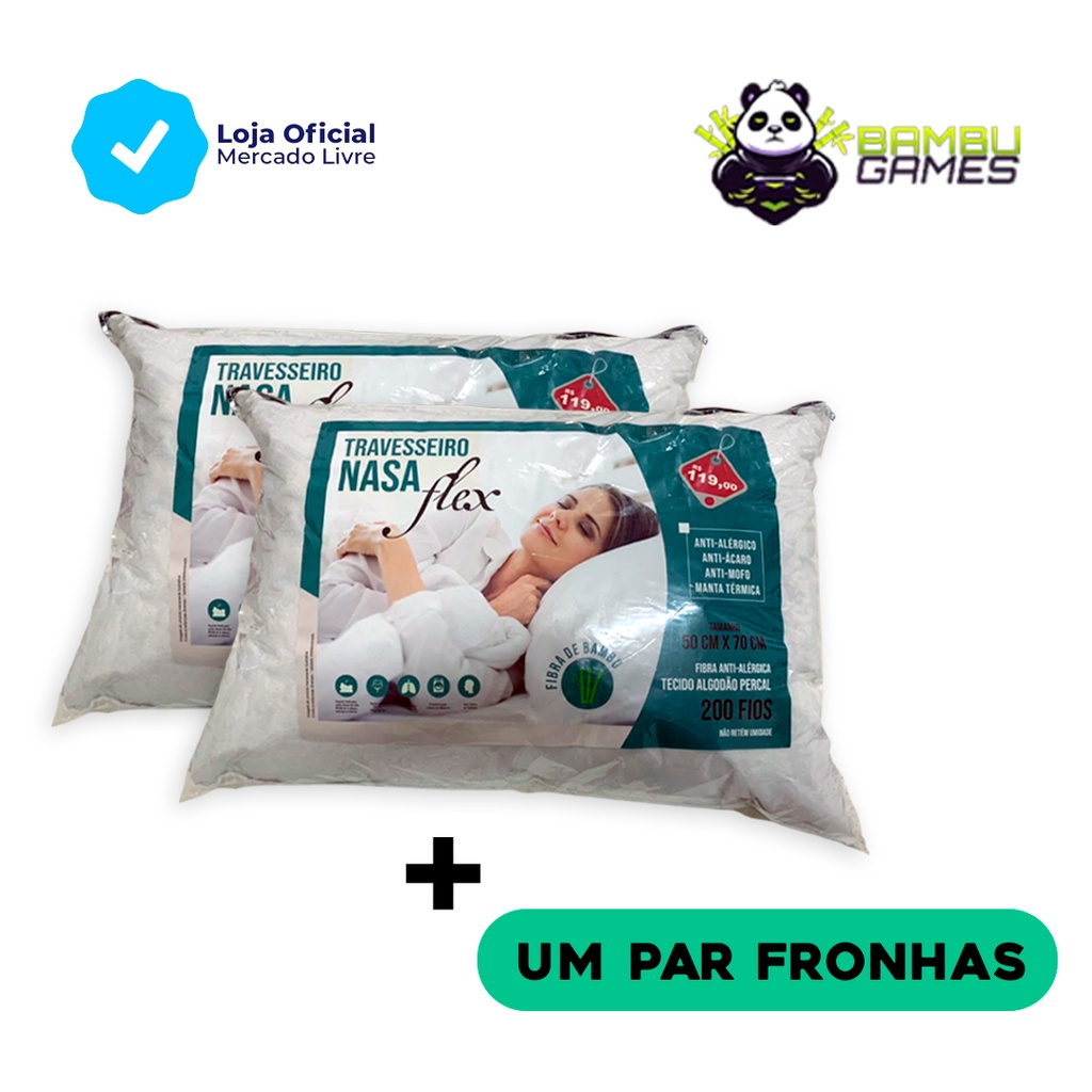Kit 2 Travesseiro NASA Flex Branco Alto Não afunda Macio Confortável + Pacote Com 2 Fronha Linha Premium Percal Microfibra