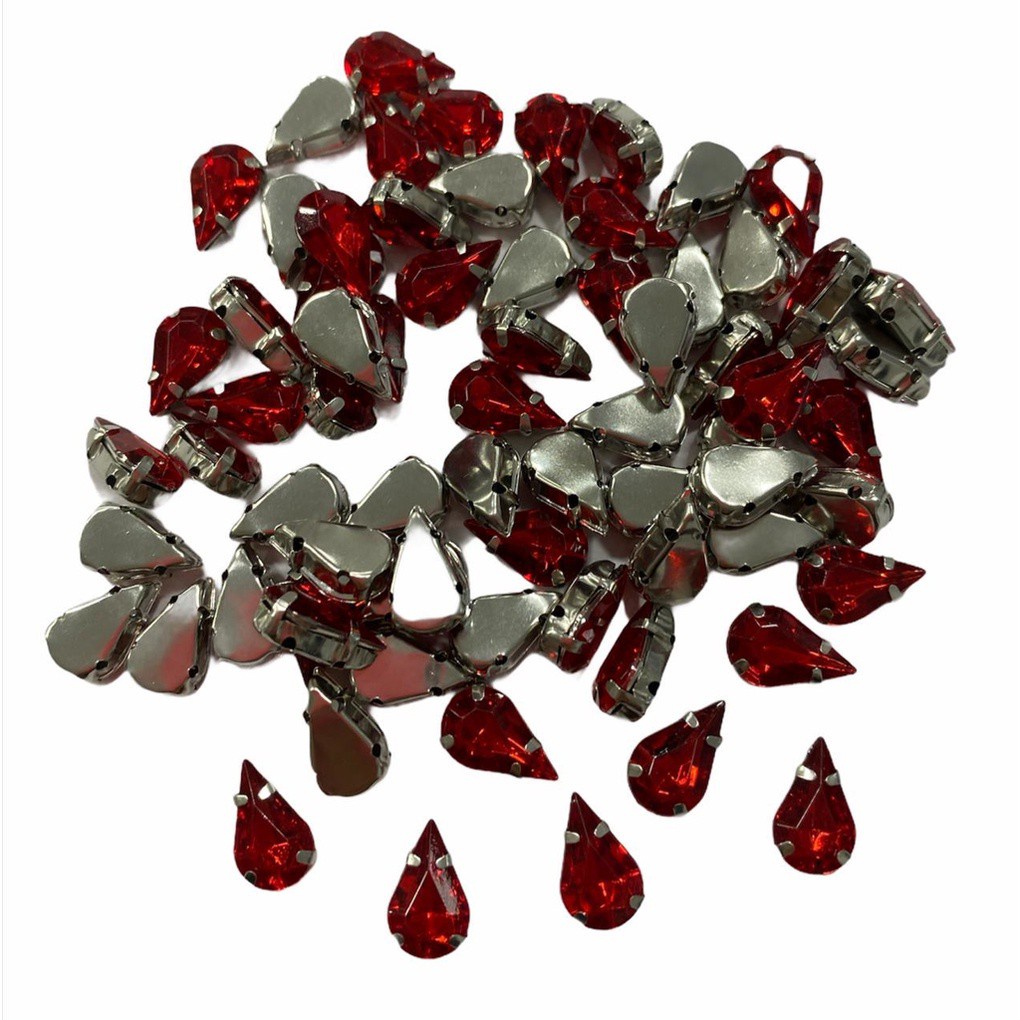 Chatons Engrampados - Gota Base Prata C/ Chaton Vermelho - 8x13mm - 20 Und