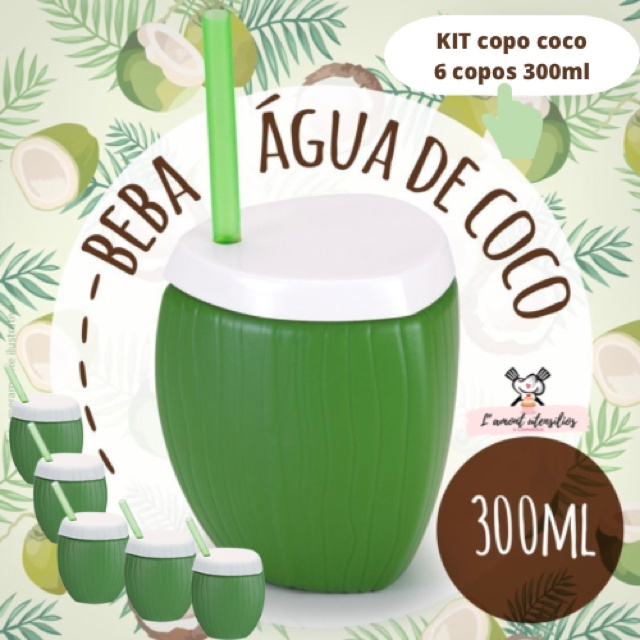 Copo Coco Com Canudo Injetemp - Kit com 6 Festa Tropical