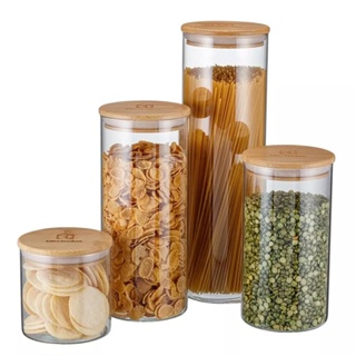 Jogo de Potes Porta-Mantimentos com Tampa de Bambu 4 unidades em Oferta na Shopee