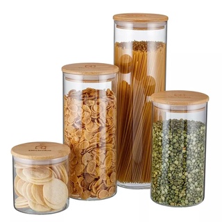 Jogo de Potes Porta-Mantimentos com Tampa de Bambu 4 unidades em Oferta na Shopee