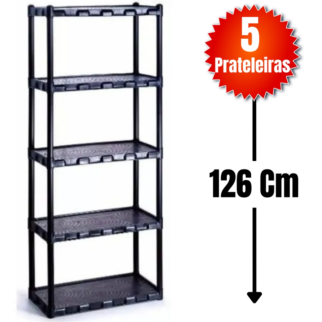 Estante Modular Preta Com 5 Prateleiras Plástico Resistente