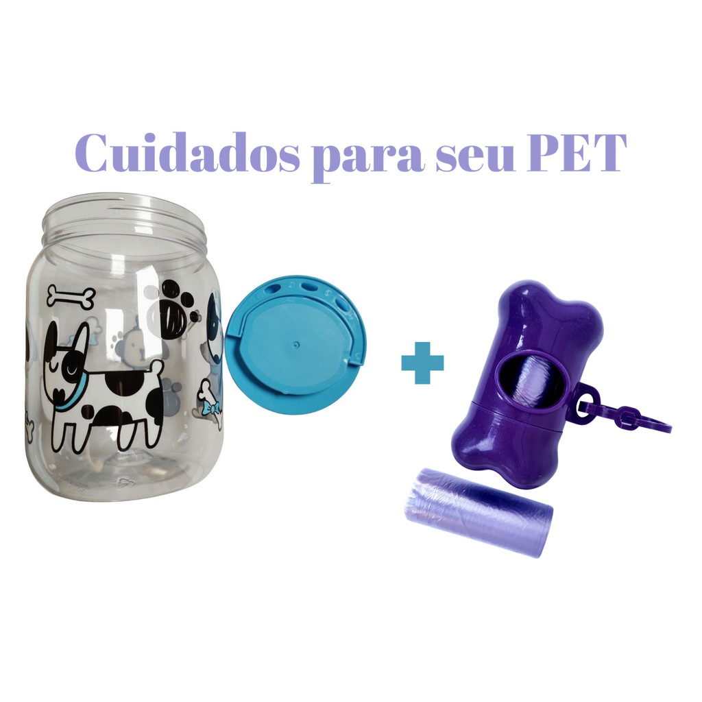 Conjunto PET - Coletor de Fezes Roxo + Pote de Petisco/de Ração Pequeno Azul para cachorro, acessorios pra filhotes, Coisas para Cachorros Filhote kit Higiênico Cata Caca Porta Saquinhos Higienicos Kit higienico para passeio cachorro cata coco