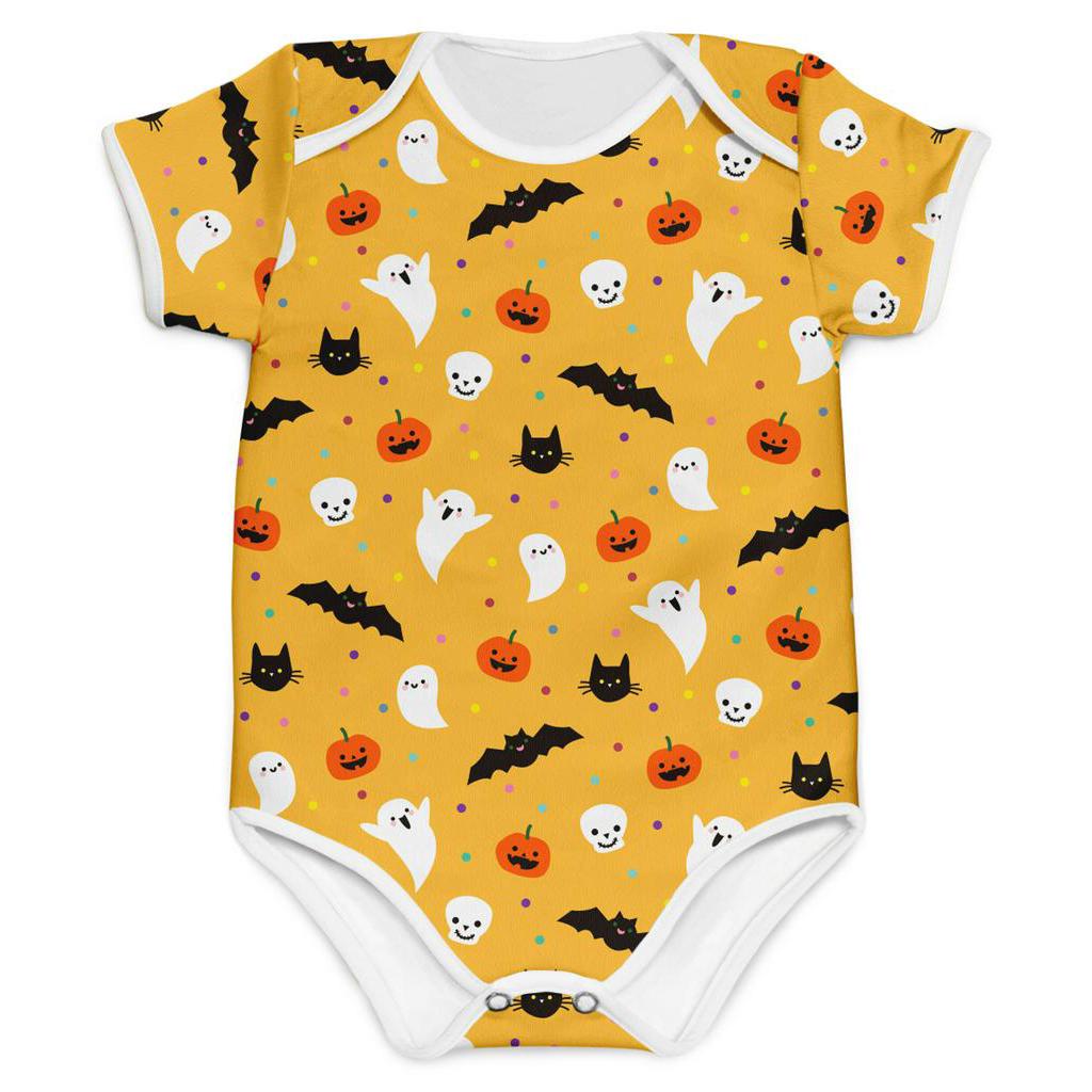 Body Bebê Manga Longa Unissex Laranja Mini Boo Proteção Solar 50+ Mesversario Halloween