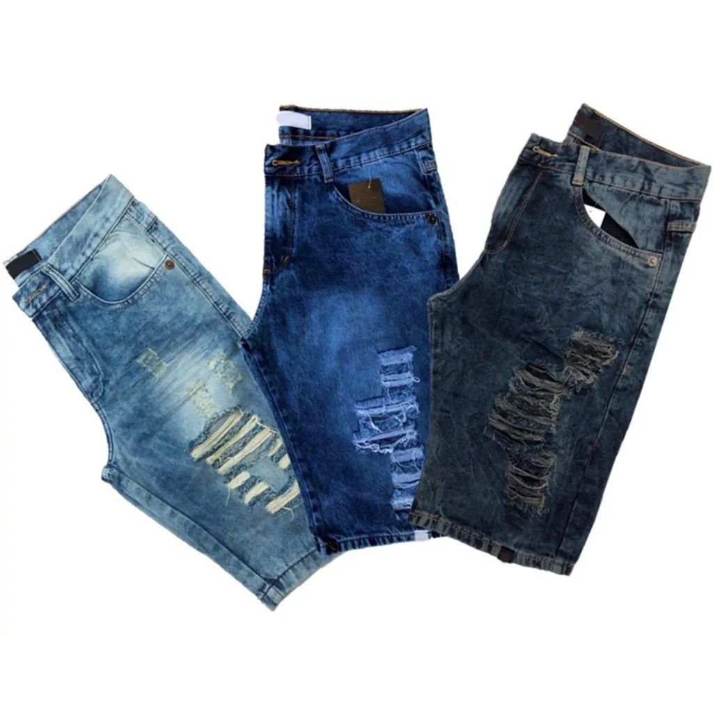 kit 5 Peças Bermuda Jeans Rasgada Masculina Destroyed Alta Qualidade Tecido Grosso Desconto Envio Rapido