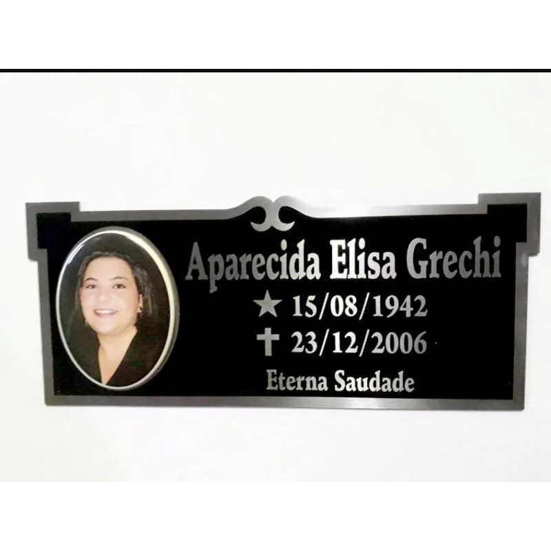 Placa cemiterio, lapide, tumulo em aço inox com foto em porcelana modelo 002 med 11x25 cm