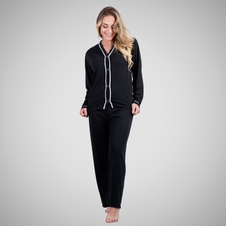 Pijama Botão Conjunto Feminino Amamentação Pós-cirúrgico Roupa de Dormir Longa Confortável Linha Noite Frio Malha Lisa Comprido Adulto Inverno 354
