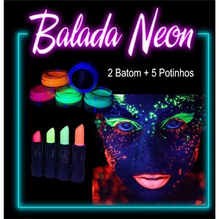 Kit Balada Neon Tinta Facial 5 Cores + 2 Batom Neon Maquiagem Fluorescente