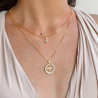 colar duplo feminino pingente ponto de luz e espirito santo cravejado banhado a ouro 18k