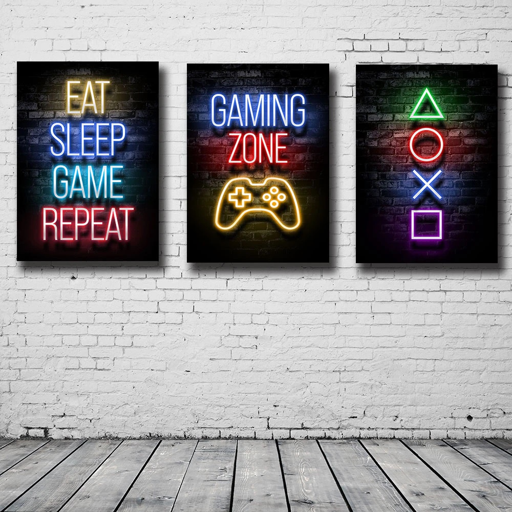 Quadro decorativo 3 peças 20x30 comer sono jogo repetir gamer meninos meninas para quarto sala de jogos