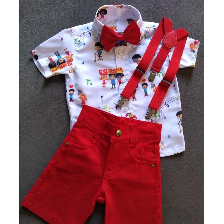 Conjunto temático 3 palavrinhas contendo camisa bermuda suspensório e gravata