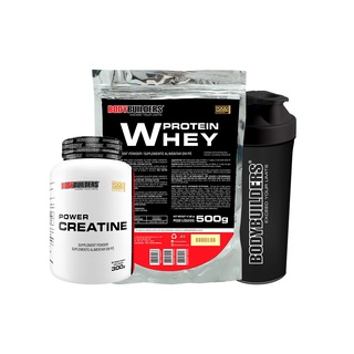 Kit Whey Protein Concentrado em Blend Proteico 500g + Power Creatina 300g + Coqueteleira - Ganho de Massa Muscular Magra - Bodybuilders