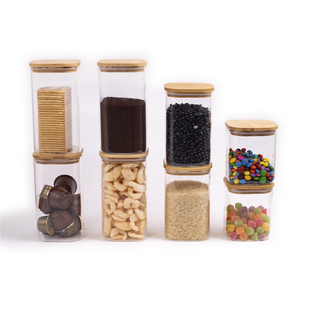 Kit 8 potes herméticos vidro quadrados flat 1400ml, 1100 ml e 800ml - Oikos - Home & Living