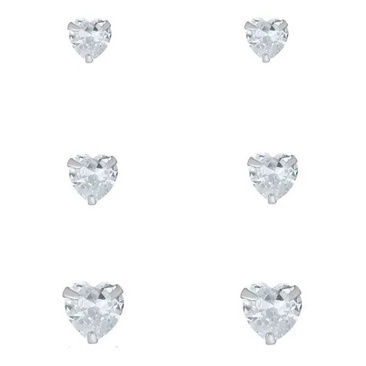 Kit Trio De Brincos Coração Pedra Zircônia Segundo e Terceiro Furo Prata 925 - Fashion Accessories