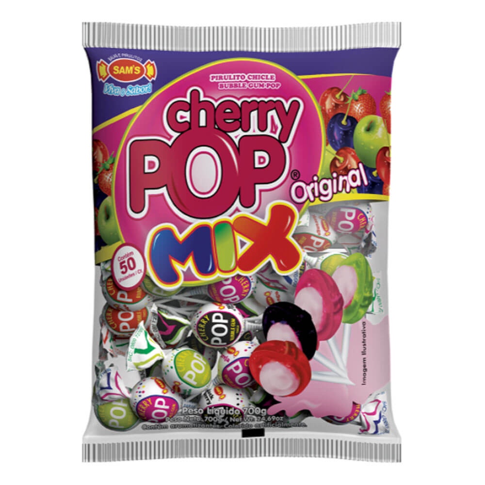 Pirulito Cherry Pop Mix Recheio Chiclete c/50 - Sams