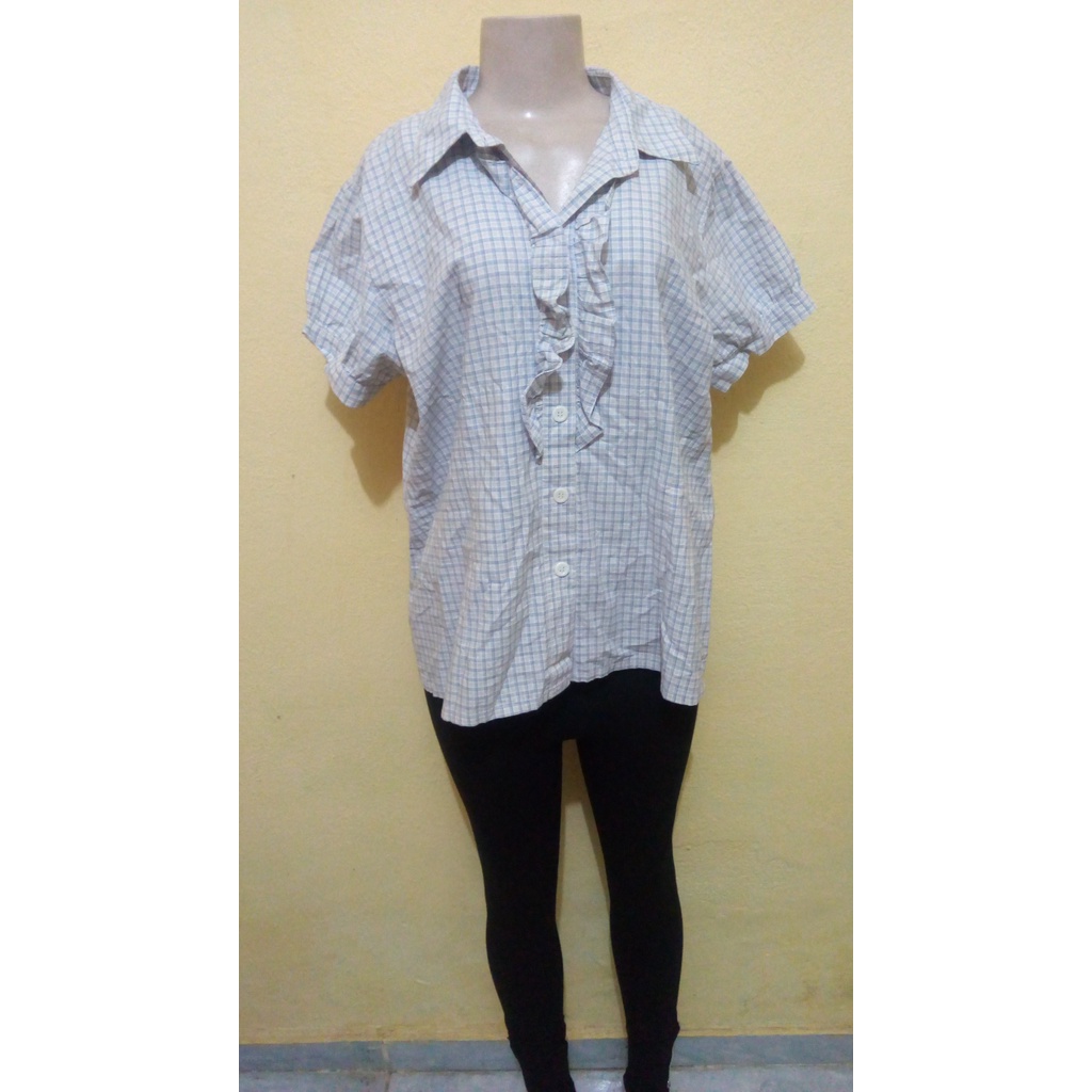 Blusa Camisa Feminina Quadriculada Manga Vintage Folgada /g Babado e Botões-moda Feminina-melhor Preço