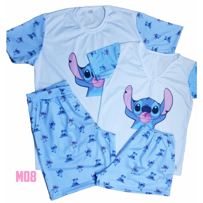 Pijama Casal ou Família Short Doll Feminino Masculino Unissex Personagem Stitch Adulto ou Infantil.