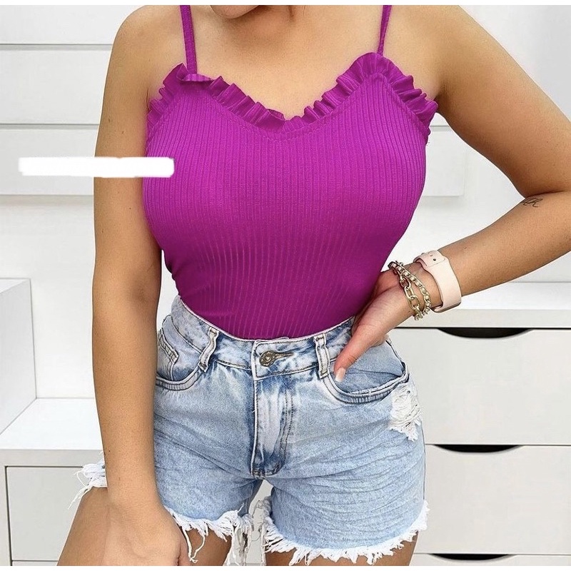Blusa Blusinha Feminina Regata Alcinha Com Babado no Decote y com Bojo Verão 2021 novidade
