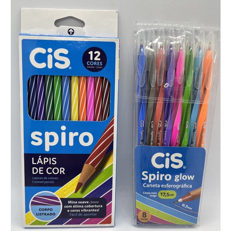 Kit Caneta Esferográfica Cis Spiro Glow c/8 cores.+ Lápis de Cor Spiro c/12cores.