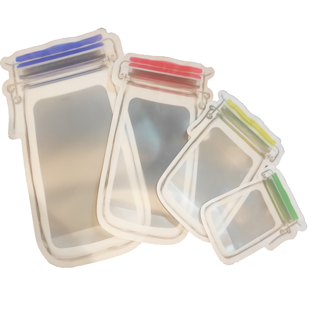 kit com 4 Peças - Sacos/ Sacolinhas de Fecho Herméticos Reutilizáveis - 4 Tamanhos Diferentes - Formato de Pote Transparente, Ideal para Armazenar Alimento / Biscoitos / Lanches, Remédios