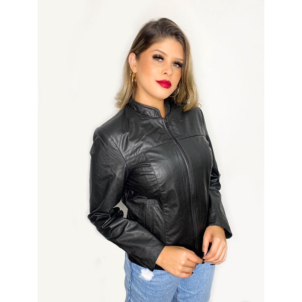 JAQUETA DE COURO LEGÍTIMO FEMININA TRADICIONAL 118 PRETA