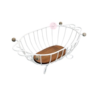 Fruteira de Mesa Artesanal Ferro e Madeira Oval Branca
