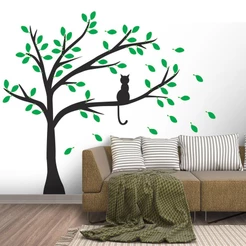 Adesivo Decorativo De Parede Árvore Com Gatinho e Folhas Verdes