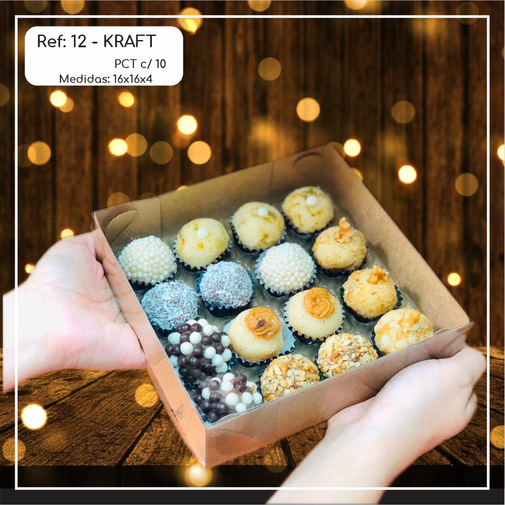 10~50 Caixas Embalagem 15 Doces Com Visor em  Acetato KRAFT 16x16x4 - Ref. 12 ( Chocobraz )