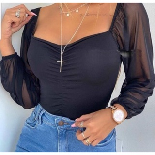 Body Juliette Manga Tule Bufante Com Bojo e Fecho Franzido Moda gringa Shein Tendênica