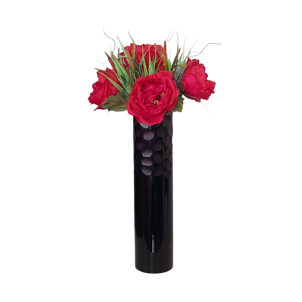 Arranjo de Flores Artificiais com Peony vermelha e Vaso de Vidro Preto |  Shopee Brasil