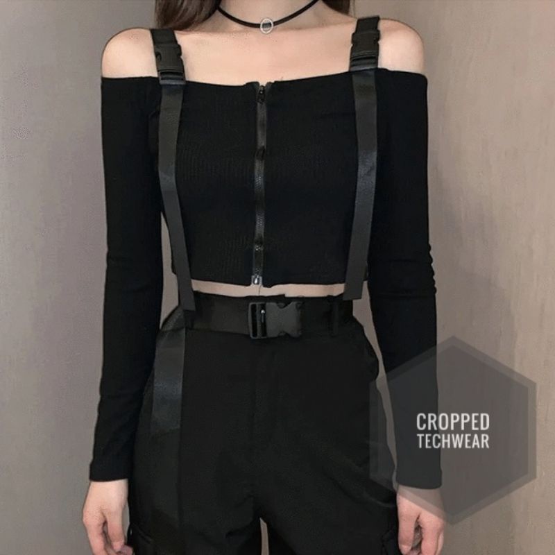 cropeed techwear, cropped manga longa com alça regulável, diversas cores em Oferta na Shopee