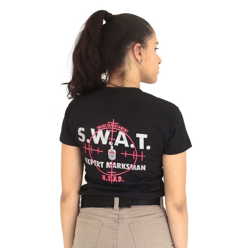 Camiseta Baby Look Estampada Swat Militar Feminina Atack Preta