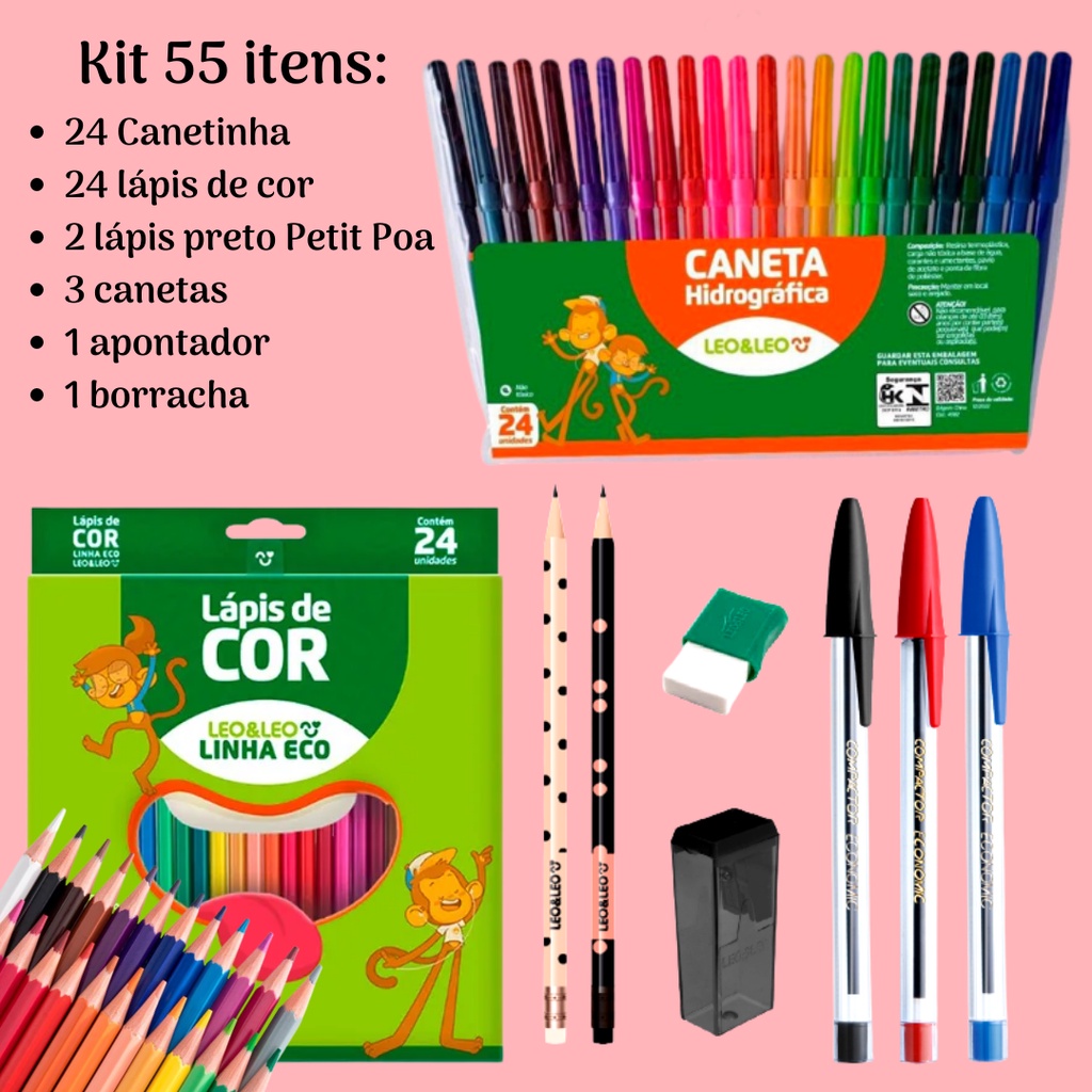 Kit Canetinha 24 Cores, Lápis de 24 Cores, 2 Lápis Preto, 1 Apontador, 1 Borracha, 3 Canetas Esferográficas