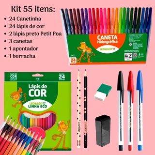 Kit Canetinha 24 Cores, Lápis de 24 Cores, 2 Lápis Preto, 1 Apontador, 1 Borracha, 3 Canetas Esferográficas em Oferta na Shopee