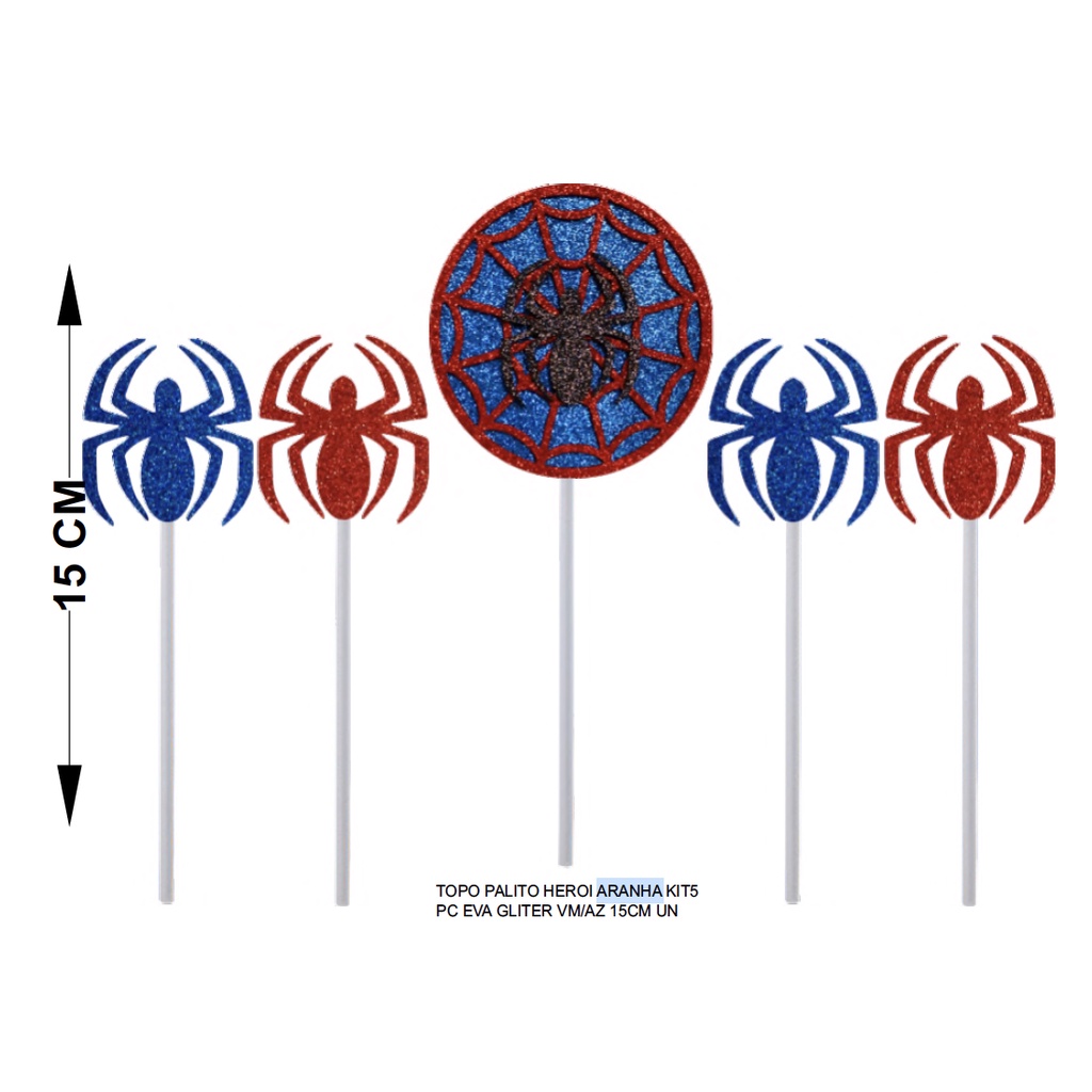 Topo de bolo Palito Homem Aranha 5 Peças EVA Glitter 15 cm Vivarte - Inspire sua Festa