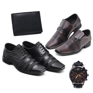 Kit 2 Pares Sapato Social Masculino Fosco + Relógio e Carteira
