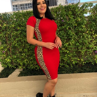 Vestido feminino manga curta faixa onça lápis canelado