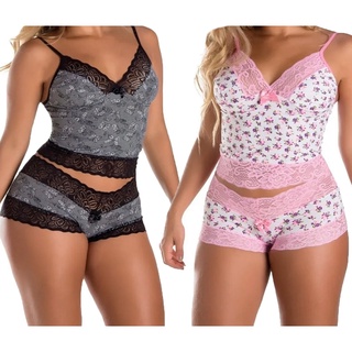 Kit 2 Short Doll Casual Sensual Pijama Baby Doll em Renda Microfibra