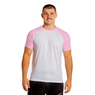 Camiseta raglan branca com manga rosa claro 100% poliéster