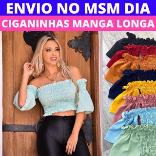 Croped Ciganinha Manga Longa Lastex Feminno Blusa Feminina Estilo Ombro A Ombro Cropped