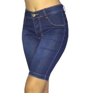 Bermudas Jeans Feminina Ciclista Até o Joelho Cintura Alta Lycra Elastano