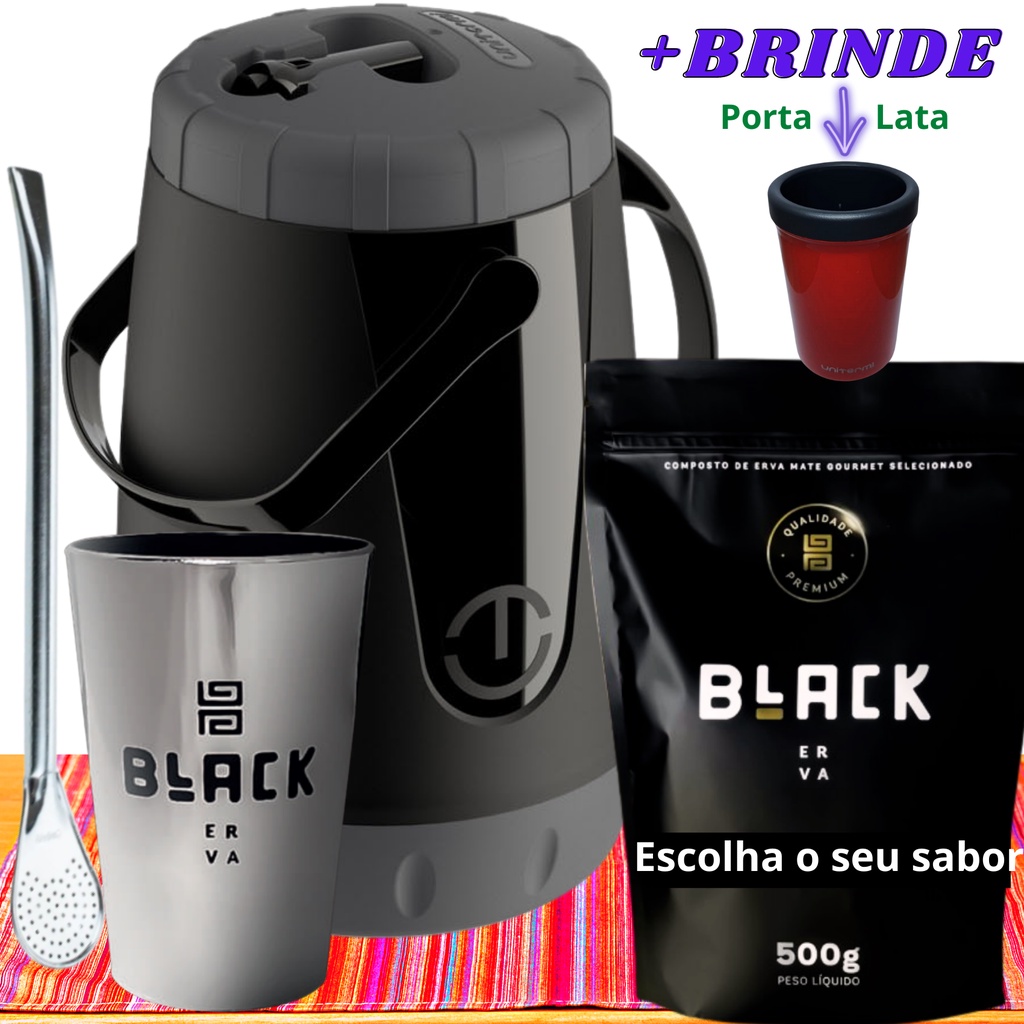 Kit Para Tereré Copo Cuia Acrílico Cromado+Garrafa Lisa+Bomba Cromada+Black Erva Mate 500g Escolha + Brinde